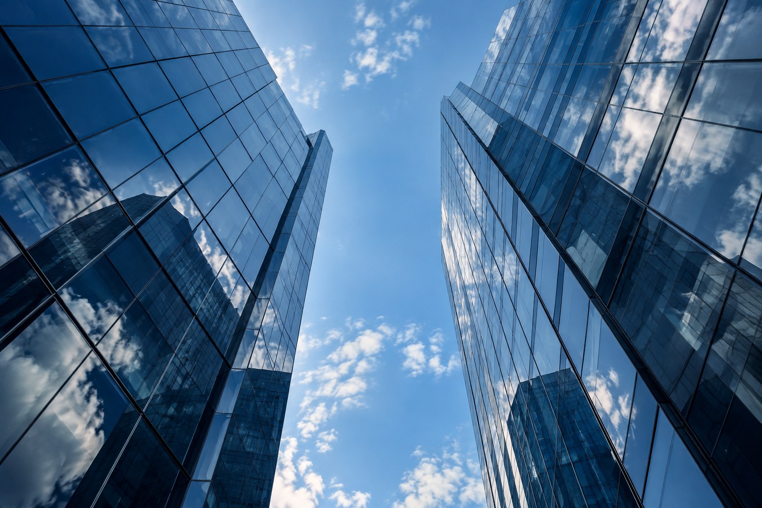 Looking upward between glass towers toward an open blue sky